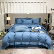 自然巢 100支刺绣宽边长绒棉四件套 1.8米/2米（被套220*240 cm）